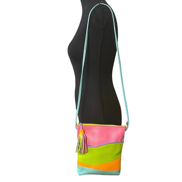 iii New York Genuine Leather Colorblock Crossbody Bag rainbow Retro Y2K purse - Picture 2 of 11